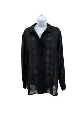 Liz Baker Sheer Shirt WMNS 14 Black Textured Grid Long Sleeve Button Up Bouse